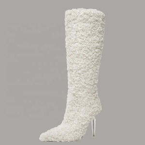 Crystal Heels Women Fur Knee High Boots Pointy Toe Side Zipper Long Booties Wide Feet Size 46 Winter <b>Shoes</b> - Product Image 5