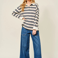 Damen Creme Blau Lila Gelb Mehrfarbig Gestreiftes Weißes Gewebtes Kragen-Oversize-Langarm-Poloshirt