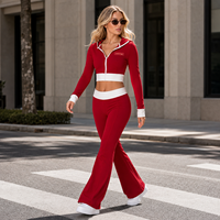 Ensemble de sweat-shirt à fermeture éclair OEM pour femmes, rouge et blanc contrasté, veste courte à fermeture éclair slim avec pantalon évasé sport taille haute, ensemble deux pièces