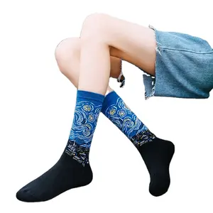 Мужские толстые носки из хлопка и масел, уличные спортивные баскетбольные колготки в стиле хип-хоп с популярным логотипом Ван Гога для осени и зимы