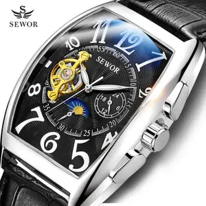 SEWOR 677 品牌黑色男士机械手表高级真皮表带 24 小时飞行陀飞轮自动字符手表套装