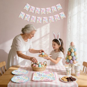 DAMAI - Vajilla de Papel para Fiesta de Pascua, Platos, Vasos, Servilletas, Lazo Rosa y Diseño Floral Primaveral, para 8 Personas - Product Image 2