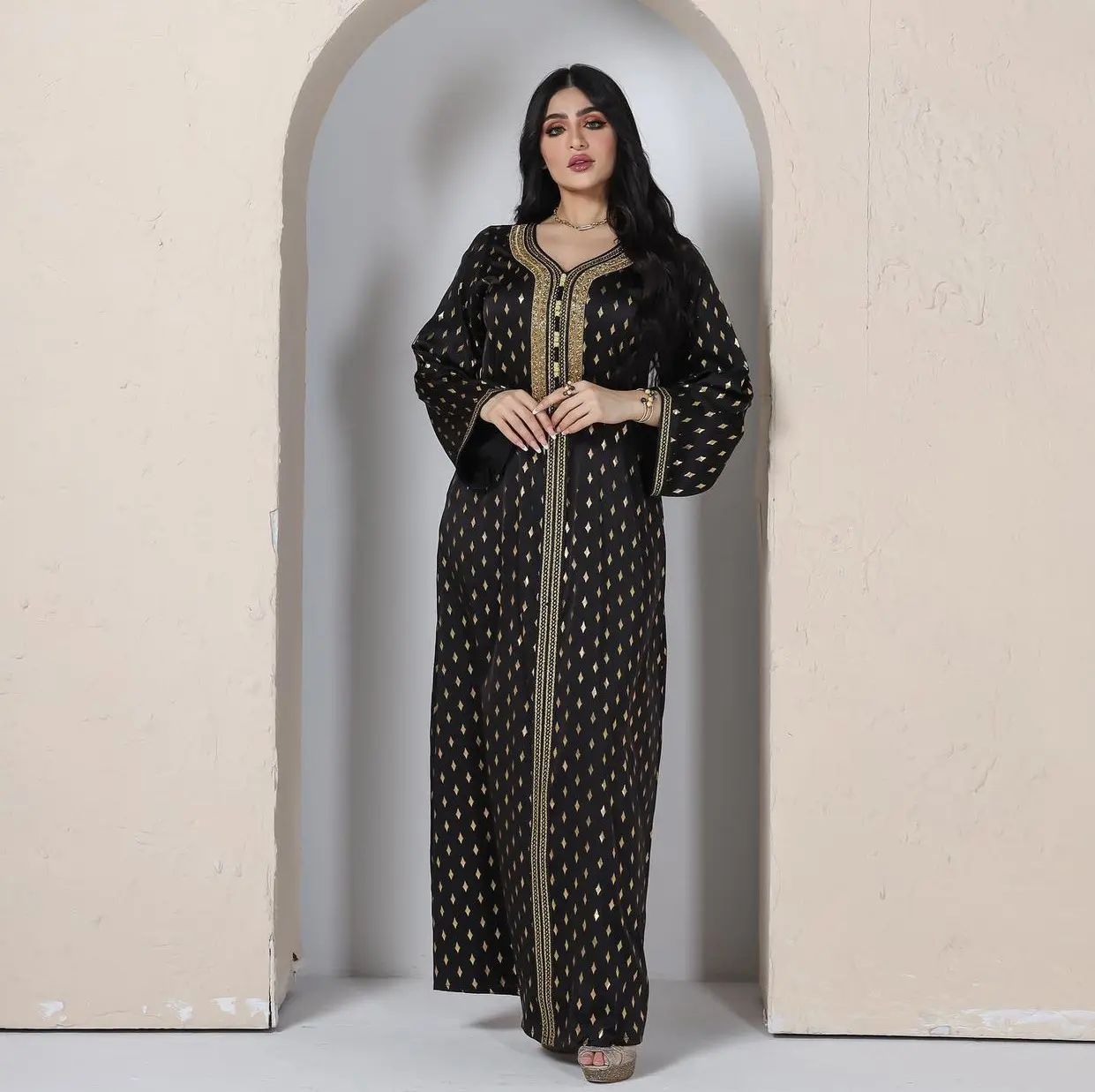 Quần Áo Abaya Nữ Ả Rập Eid Al-adha Màu Đen Đồng Màu Trung Đông