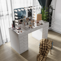 Coiffeuse de Chambre Design Moderne en Bois Noir Effet Vieilli avec Miroir LED, Tiroirs et Espaces de Rangement