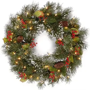 Manufacture 24" Christmas Wreath With LED Lights Decorative Flowers Wreaths And Pine Cone Christmas Plants Wreath Decorations