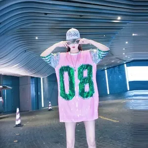 Pink and Green 08 Streetwear Number <strong>Sequin</strong> Loose <strong>Long</strong> T Shirts <strong>Sequin</strong> Baseball Shirt <strong>Sleeve</strong> Casual <strong>Tops</strong> Stage Costumes - Product Image 6