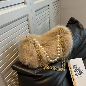 Bolsos de mano de felpa para mujer, elegantes y modernos, con cadena de perlas, informales, de felpa, de color sólido, para dama. - Product Image 4