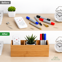 Organisateur de bureau en bambou naturel, boîte de rangement de bureau avec 3 compartiments, porte-stylos, porte-télécommande, organisateur de fournitures de bureau
