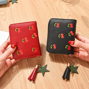 Cherry Embroidery <b>Wallet</b> Pink Women's <b>Small</b> Zipper <b>Wallet</b> With Tassel Star Charm Handmade Fashion Accessory - Product Image 2