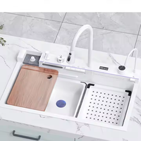 Robinet de cuisine à bol unique en acier inoxydable 304 fait à la main, lavage de vaisselle cascade avec rondelle de tasse à trois trous