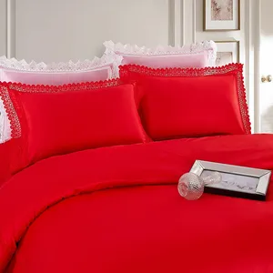 Luxury red home wedding bedding with lace edge polyester bedding set bed linen microfiber bed sheet duvet cover pillowcase set