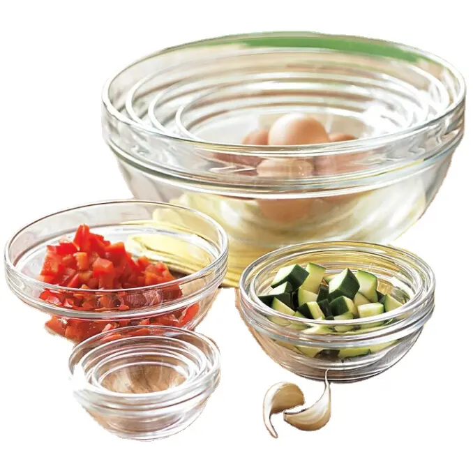 LINUO Mangkok Kaca Bening, Penjualan Laris 5 Ukuran Satu Set Mangkuk Salad Pencampur untuk Makan Malam Peralatan Makan Dapur Set Kaca