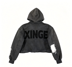 เสื้อฮู้ดดี้ผู้ชายแบบหนา ผ้าคอตตอน ลายฟอกสี ขาดๆ แต่งตัวอักษร ประดับเพชร - Product Image 2