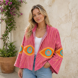Stunning Pink Evil Eye Velvet Boho Embroidered Kimono Jacket Handmade Statement <b>Coat</b> Bohemian Festival Turkish Eye <b>Cardigan</b> - Product Image 1