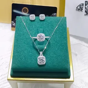 Fashion Sets Shiny Stainless Steel Zircon Pendant Necklace Earrings Rings Set Cz Stud Earrings Jewelry Set For Gift