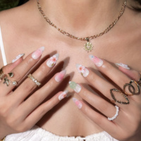 Nouvelles Ongles Press-On en Acrylique Style Chinois Certifiées CE, Forme Amande, Fleur de Pêcher 3D, Paillettes Nacrées, Personnalisables pour Salons de Manucure et Spas