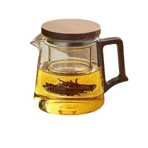 Set da tè in vetro borosilicato da 600 ml, stile cinese, fatto a mano, <span class=keywords><strong>con</strong></span> coperchio e manico in legno, per preparare il tè sfuso a casa o in ufficio. - Product Image 1