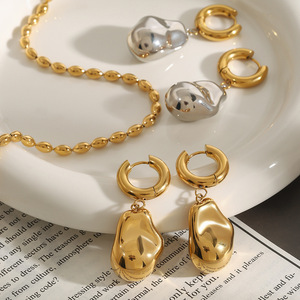 Yueli <b>Huggie</b> Earrings Irregular Geometric Shape Gold <b>Silver</b> Dangle Unisex Everyday Wear - Product Image 2