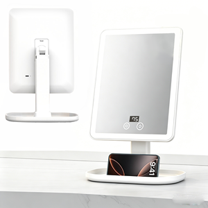 Square LED Makeup <b>Mirror</b> with <b>Storage</b> Organizer Base Dimmable Touch Screen Tabletop Vanity <b>Mirror</b> for Cosmetic Beauty - Product Image 1