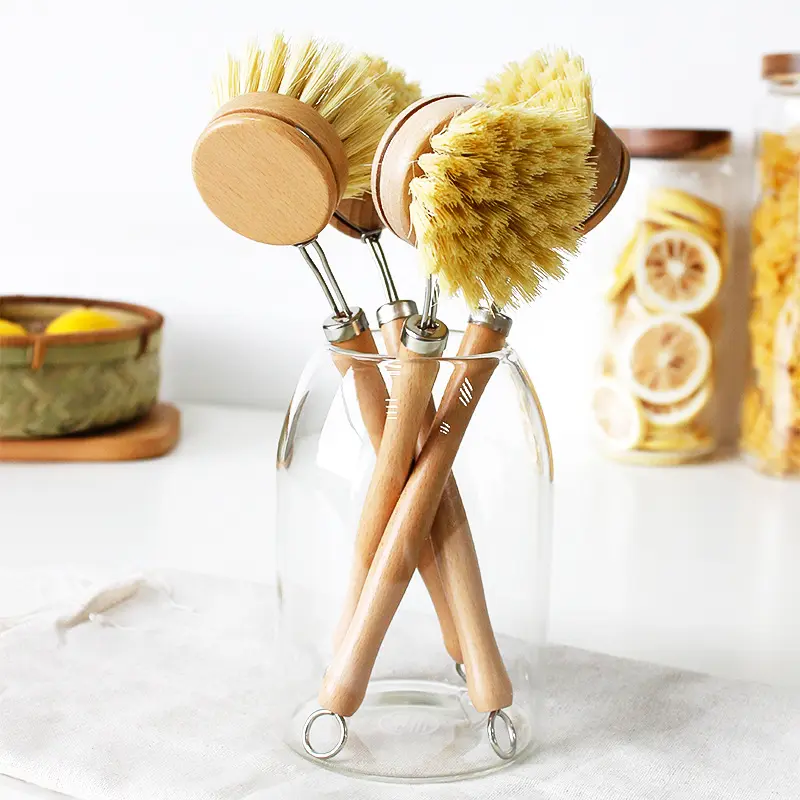 Klasik bulaşık yıkama fırçası doğal tahta fırçası 2 adet Beechwood yedek kafaları fırça mutfak temizlik malzemeleri