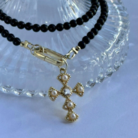 Collier ras du cou en perles d'obsidienne noire naturelle de 4 mm avec pendentif croix dorée, bijoux religieux
