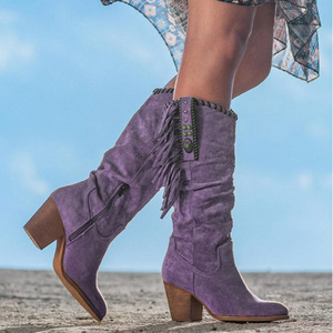 Venta al por mayor <span class=keywords><strong>botas</strong></span> de borlas de media pantorrilla para <span class=keywords><strong>mujer</strong></span> invierno nueva moda Retro cabeza grueso tacón alto cuero de gamuza mate ESTILO OCCIDENTAL - Product Image 4