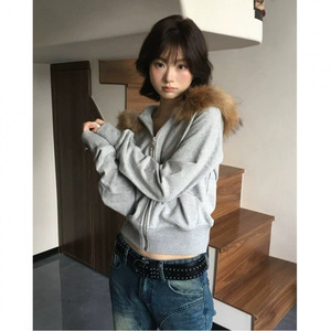 Cappotto grigio maglione in <span class=keywords><strong>pile</strong></span> con cappuccio da <span class=keywords><strong>donna</strong></span> autunno nuovo stile aderente con Logo anteriore all'inizio dell'autunno indossa <span class=keywords><strong>Cardigan</strong></span> americano - Product Image 4