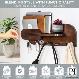 Wooden <b>Key</b> Rack <b>Wall</b> Mounted Mail <b>Holder</b> With Hooks For <b>Keys</b> And Bags Living Room Storage Organizer - Product Image 2