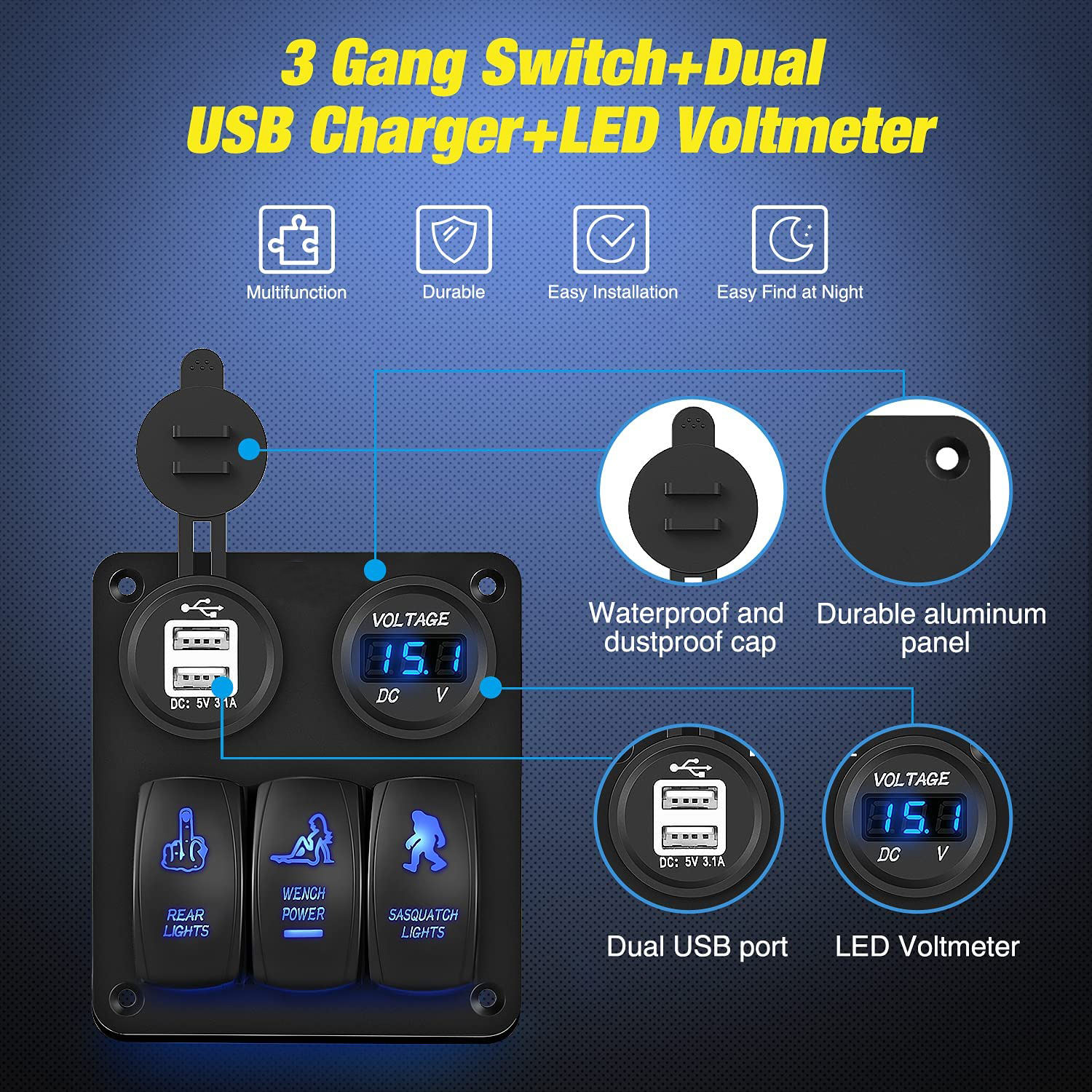 Switch Panel 12v 4 In 1 Charger Socket Panel,12V 3.1A Dual USB - Foto 5