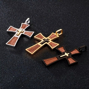 <span class=keywords><strong>Collier</strong></span> pendentif hip-hop en acier inoxydable inaltérable et étanche, croix religieuse chrétienne en bois grainé - Product Image 2