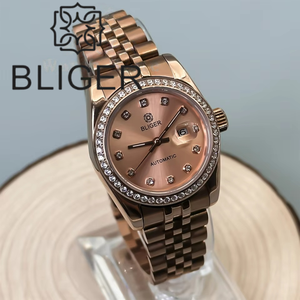 BLIGER NH05 Montre-bracelet <span class=keywords><strong>automatique</strong></span> de luxe en or rose pour <span class=keywords><strong>femme</strong></span> 31mm Cadran Sunburst Diamond Bezel Day Mark Bande en acier inoxydable Diver - Product Image 3