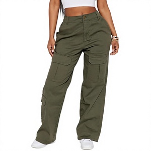 Women's <b>High</b> <b>Waist</b> <b>Cargo</b> Pants Solid Color Loose Fit Full Length With Pockets Casual Style Autumn Wear Canvas Material - Product Image 1