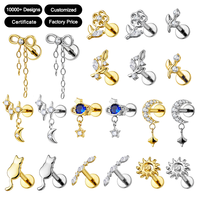 Boucles d'oreilles G23 en titane, motif lune et étoile, pour tragus, hélix, cartilage, avec zircon, pendentif nœud, fleur, clou à lèvre, dos plat, piercing fileté