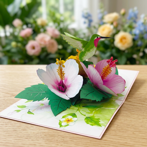 Tarjeta 3D Pop-Up de Colibrí, Arte Floral en Papel Recortado, Diseño de Flores con Forma Personalizada - Product Image 1