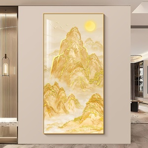 Quadro Decorativo Inkjet Montagna Dorata Soleggiata, Stile Art Déco, Cornice in Cristallo con Lamina d'Oro di Alta Gamma, Arte Murale per Scale - Product Image 1