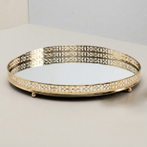 Plateau rond en fer avec finition dorée miroir, plateau de service décoratif pour table basse, décoration de la maison, hôtel, restaurant - Product Image 1