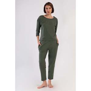 Ensemble de pyjama plissé à col rond et épaules tombantes pour femme, manches 3/4, poches, coupe 7/8 - Couleur : MEADOW - Product Image 1