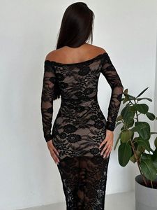 Nuovo Elegante <span class=keywords><strong>Abito</strong></span> Lungo da Donna con Spalle Scoperte e Inserti <span class=keywords><strong>in</strong></span> <span class=keywords><strong>Pizzo</strong></span>, <span class=keywords><strong>Maniche</strong></span> <span class=keywords><strong>Lunghe</strong></span>, Vestito Versatile per Uso Quotidiano e Casual - Product Image 3