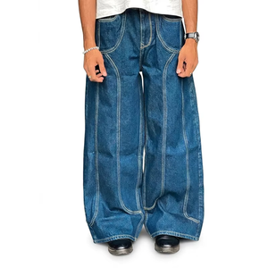 Jean en denim large pour homme, taille haute, délavé, en coton, style streetwear, coupe ample, respirant, poids moyen, avec poches - Product Image 2