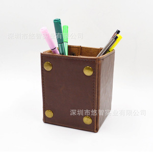 Portalápices de cuero vacuno hecho a medida, estilo retro europeo, plegable con cierre a presión, caja de almacenamiento creativa para escritorio de oficina, estuche cuadrado para bolígrafos. - Product Image 4