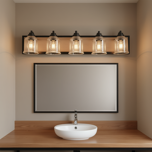 Applique murale industrielle moderne à 5 lumières pour salle de bain, 40 pouces, avec abat-jour en verre grainé transparent, lumière blanc chaud - Product Image 2