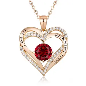 Double Heart Dainty Ruby Zodiac Colorful Birthstone Necklace 925 Sterling 18k Rose Gold Plated Heart Pendant Necklace
