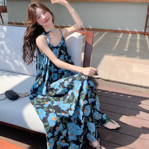 Abito da donna blu floreale con spalline sottili per vacanze al mare, cardigan <span class=keywords><strong>in</strong></span> <span class=keywords><strong>maglia</strong></span> primaverile ed estivo, elegante <span class=keywords><strong>vestito</strong></span> da spiaggia <span class=keywords><strong>in</strong></span> chiffon - Product Image 5