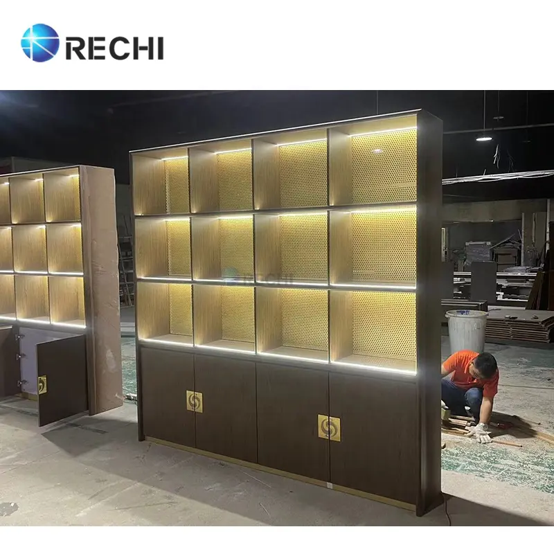 RECHI Illuminated Wooden Liquor Storage Display Display Showcase Soft Drink Organizer Cabinet For Luxury Wine Store Design