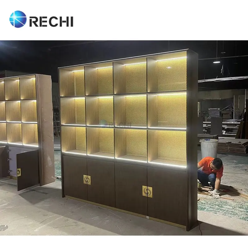 Rechi chiếu sáng bằng gỗ rượu lưu trữ hiển thị hiển thị Showcase mềm uống Organizer Nội cho rượu vang sang trọng cửa hàng thiết kế