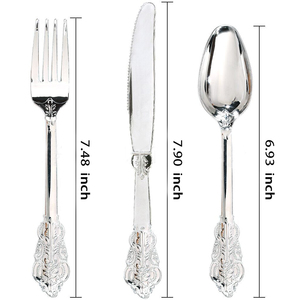 Silver heavy duty weight silverware spoon fork and knife flatware plastic ps disposable cutlery set for wedding gift