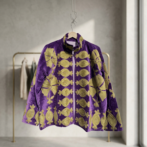 Purple Velvet Embroidered <b>Jacket</b> With Floral Pattern <b>Mandarin</b> <b>Collar</b> Full Sleeve Open Closure Elegant Autumn Outerwear B2B Coat - Product Image 1