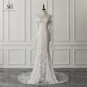 Mily Bridal gaun pengantin, gaun pengantin duyung manis, gaun pernikahan, bertali, lengan panjang, gaun pengantin Appliqued QW01806