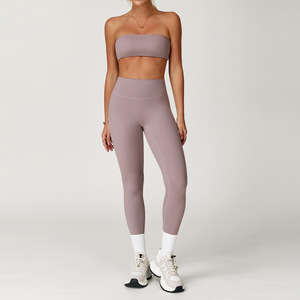 Nouvel ensemble de yoga brossé uni transfrontalier 2026 pour femme, tenue de fitness à séchage rapide, top bandeau de sport pour la course, effet push-up fessier - Product Image 4