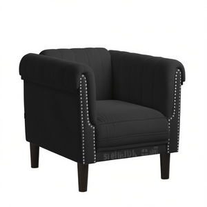 Poltrona in Velluto Nero 100% Poliestere con Gambe in Legno Massello e Schienale Trapuntato per Soggiorno - Product Image 1